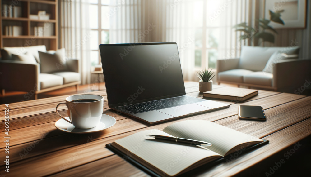Workplace with laptop, coffee cup and other items on wooden table. Generative AI Workplace with laptop, coffee cup and other items on wooden table. Generative AI