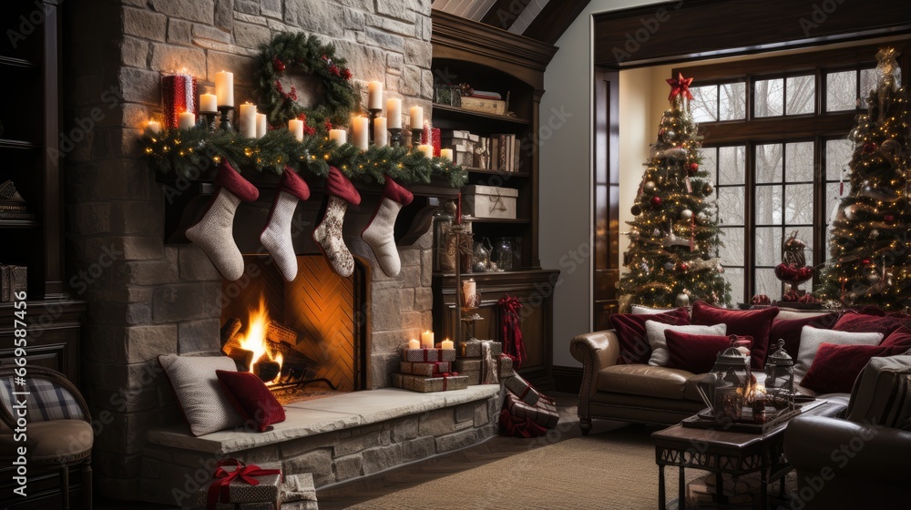 Christmas decor in living room with stocking