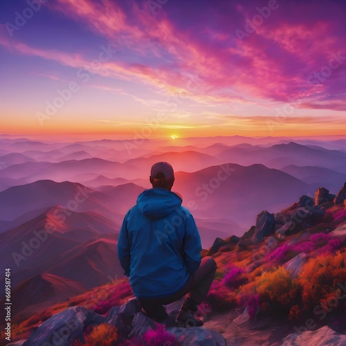 Mountain Sunset An image of a man on a mountain summit during a vibrant and colorful sunset, painting the sky with hues of orange, pink, and purple