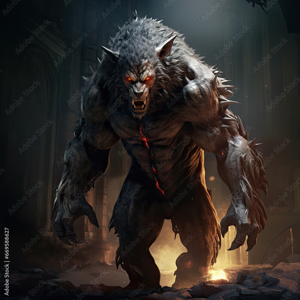 a werewolf at night. Red eyes, creature of the night. Classic monster. Horror story.