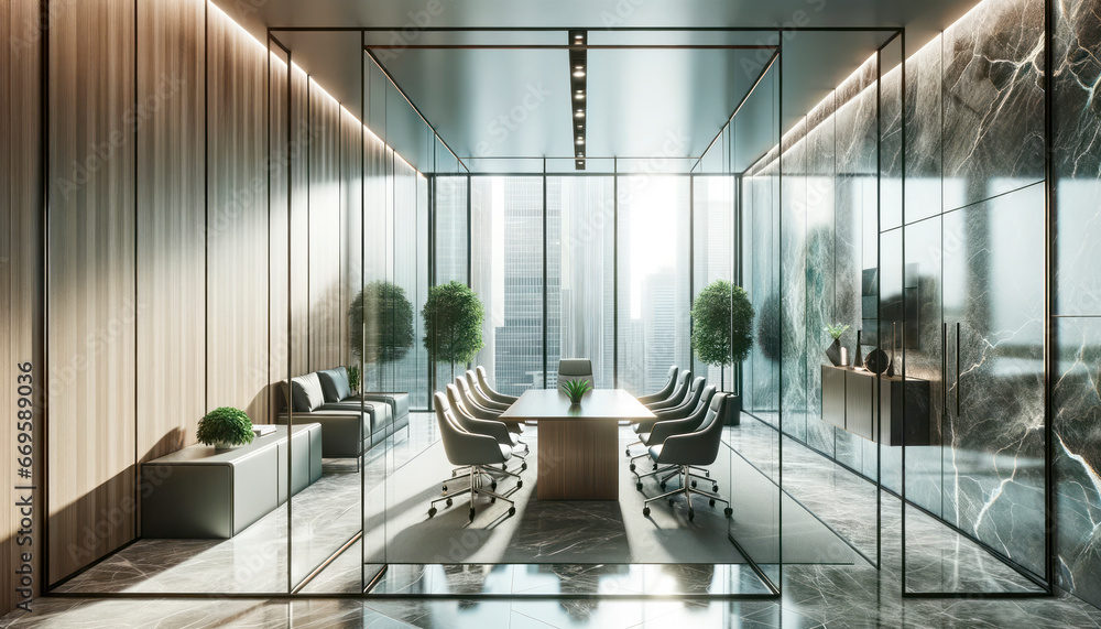 Interior of modern meeting room with glass walls, concrete floor, panoramic windows and long wooden table with chairs. Generative AI - obrazy, fototapety, plakaty 