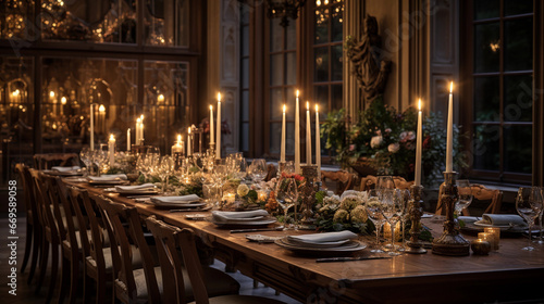 An elegant dining room with a long wooden table set for a formal dinner, bathed in soft candlelight