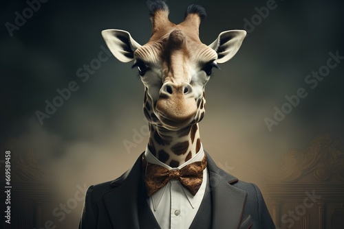 An elegant giraffe sporting a dapper bowtie, symbolizing refined grace in the animal kingdom. generative AI © yj