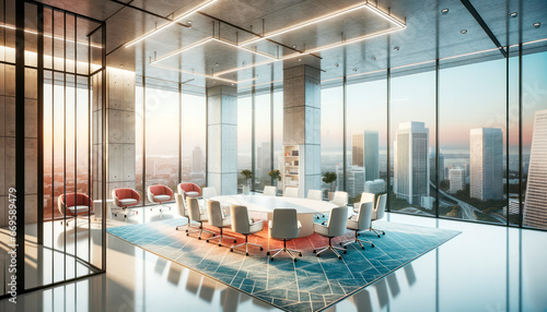 Contemporary meeting room interior with city view. Generative AI