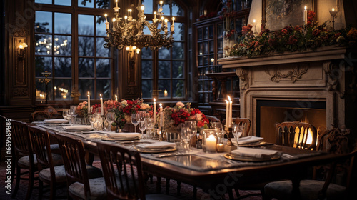 An elegant dining room with a long wooden table set for a formal dinner  bathed in soft candlelight
