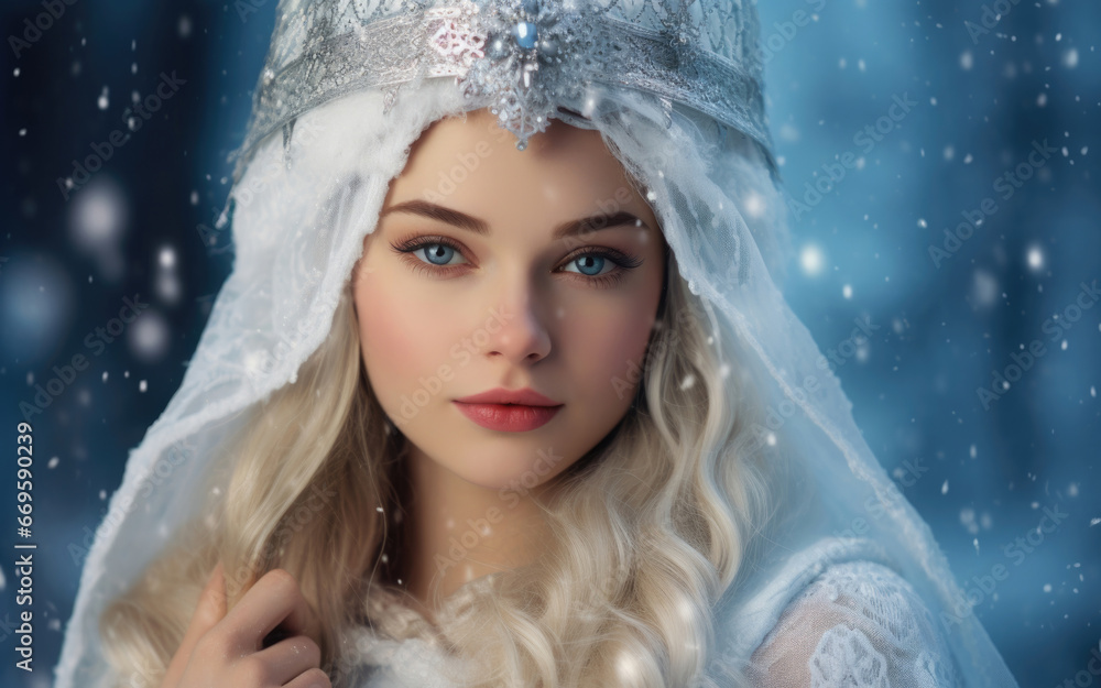 Portrait of the Snow Maiden on snowy background
