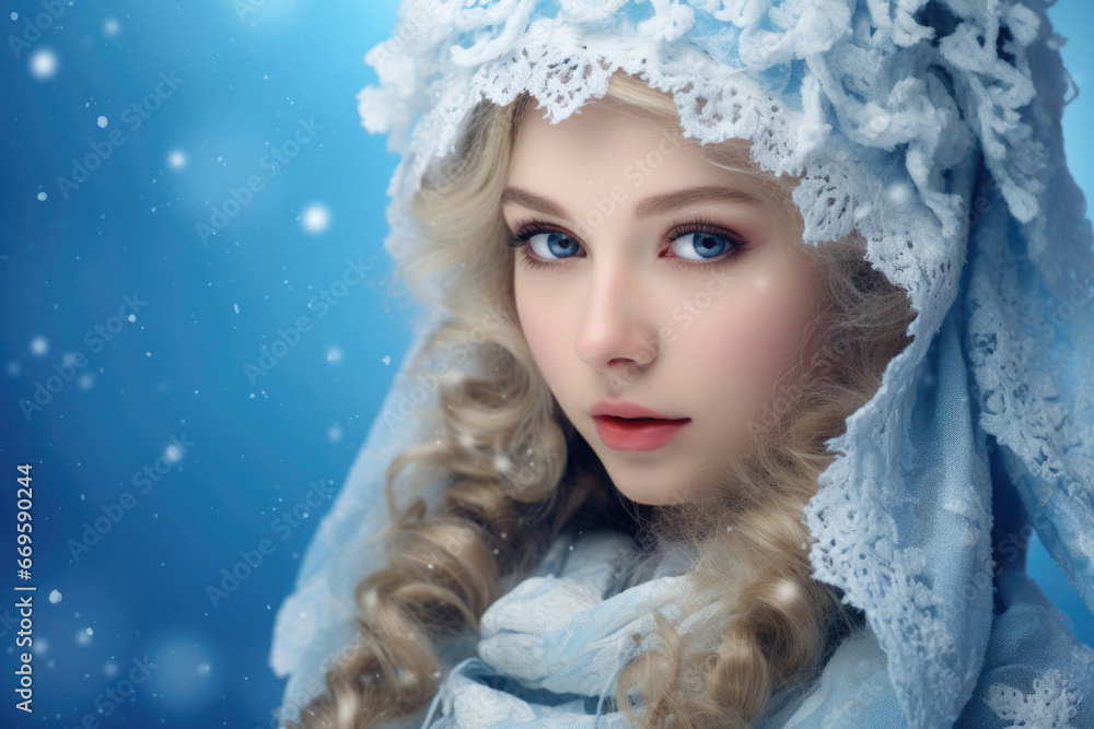 Portrait of the Snow Maiden on snowy background
