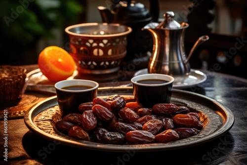 coffee and dates on metal tray. AI Generated