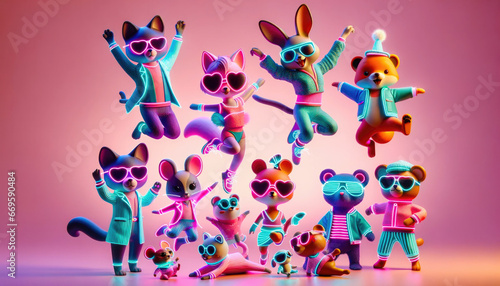 Set of funny toy animals in the 3D Memphis Style