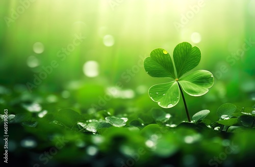 Clover with 4 leaves, rare trifolium with four leaves. Lucky clover. Soft blurred background banner for web, card. St Patricks backdrop.
