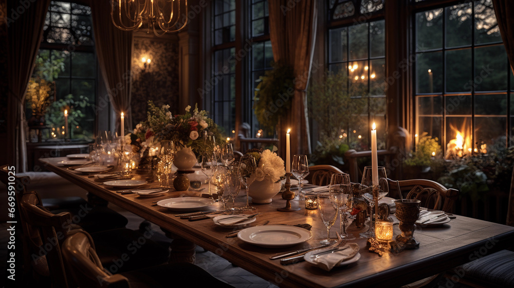 An elegant dining room with a long wooden table set for a formal dinner, bathed in soft candlelight