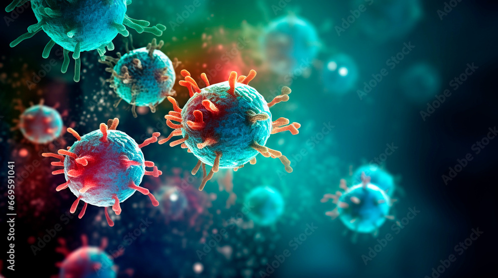 3d illustration of flu virus in abstract background with bokeh