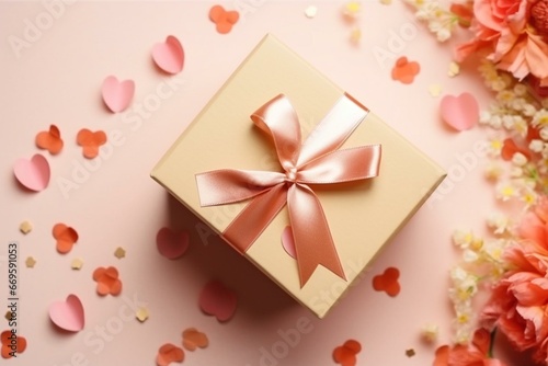 Heartwarming gift with ribbon inside box on colorful background. Top view of lovely Valentine's arrangement. Generative AI