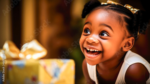Young african american girl celebrating birthday with a gift box.