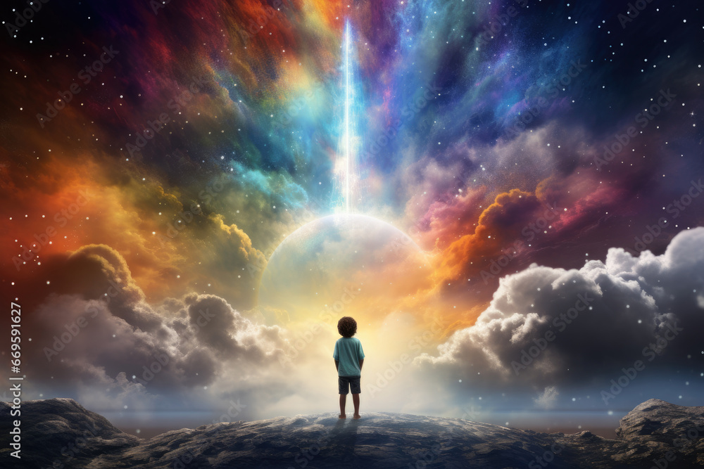 Boy with rainbow colored imaginary world background