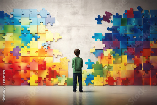 Boy standing in front of rainbow colored puzzle wall photo