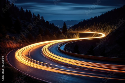Cars light trails on a winding road at night photo