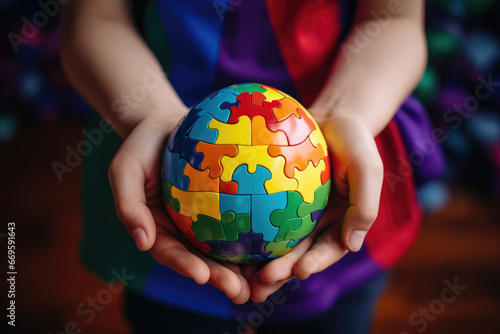 Girl holding rainbow colored puzzle Earth globe in her hands photo