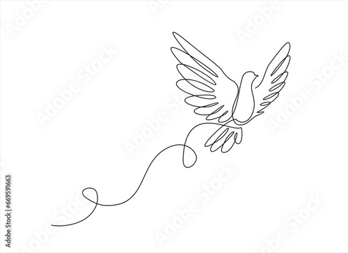 Continuous one line drawing of flying pigeon or gove. Bird symbol of peace and freedom in simple linear style. Concept for logo, card, banner, poster