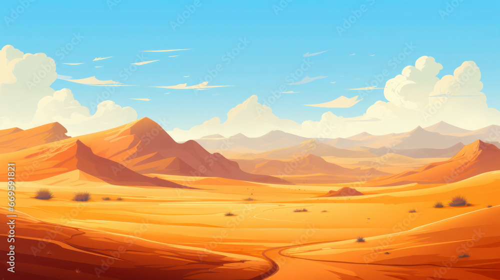 Sand dunes in the desert in the sun. Hot day. Flat design