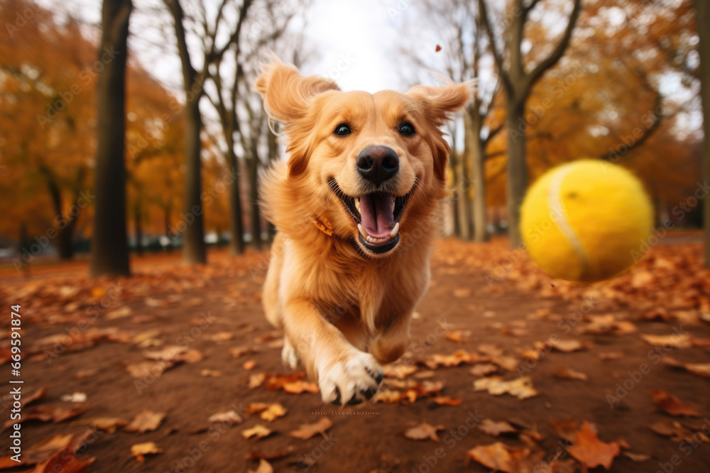 Happy adorable dog playing fetch in autumn park Happy adorable dog playing fetch in autumn park