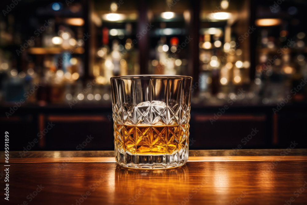 alcohol whiskey scotch drinks in glasses with ice cubes at bar pub