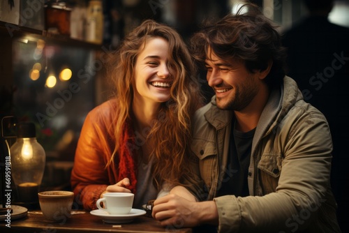 Cheerful and happy company of friends share slight smiling and talking over mugs of steaming coffee in a cozy coffee shop