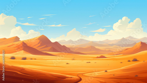 Sand dunes in the desert in the sun. Hot day. Flat design