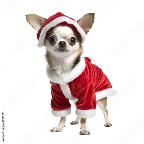 chihuahua dog puppy wearing santa claus costume hat