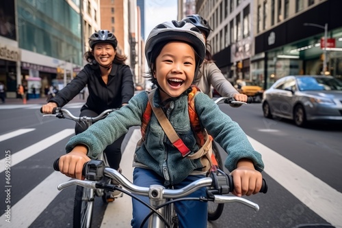 Happy and cheerful asian family enjoying outdoor bikes activity on the streets of the city . © Soffee