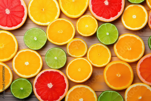 Delicious ripe citrus fruits on a wooden background