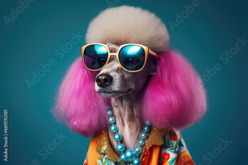 trendy modern poodle dog animal in stylish outfit with sunglasses