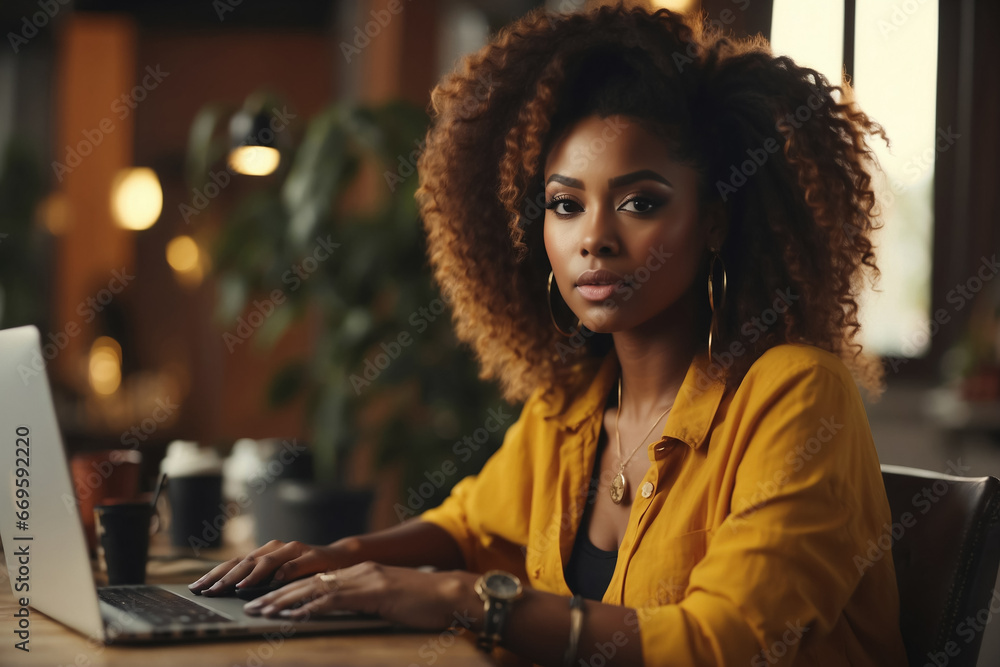 Fototapeta premium Portrait of african american female student using a laptop computer at home, generative ai