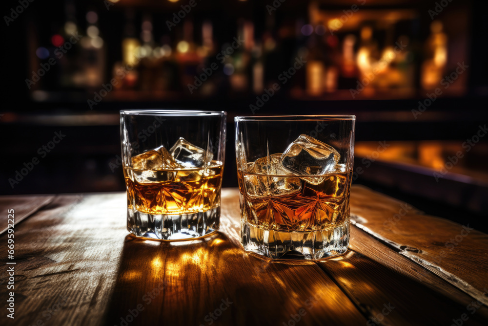 alcohol whiskey scotch drinks in glasses with ice cubes at bar pub alcohol whiskey scotch drinks in glasses with ice cubes at bar pub