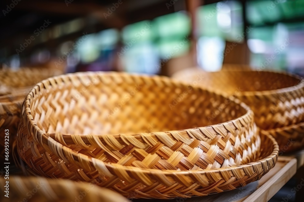 Obraz premium Woman weaving wicker basket indoors. AI Generated