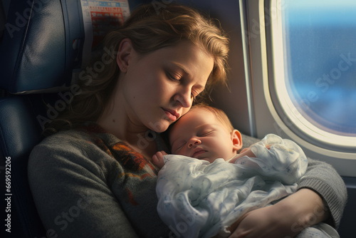 Tired woman with little baby travelling by plane