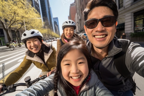 Happy and cheerful asian family enjoying outdoor bikes activity on the streets of the city .