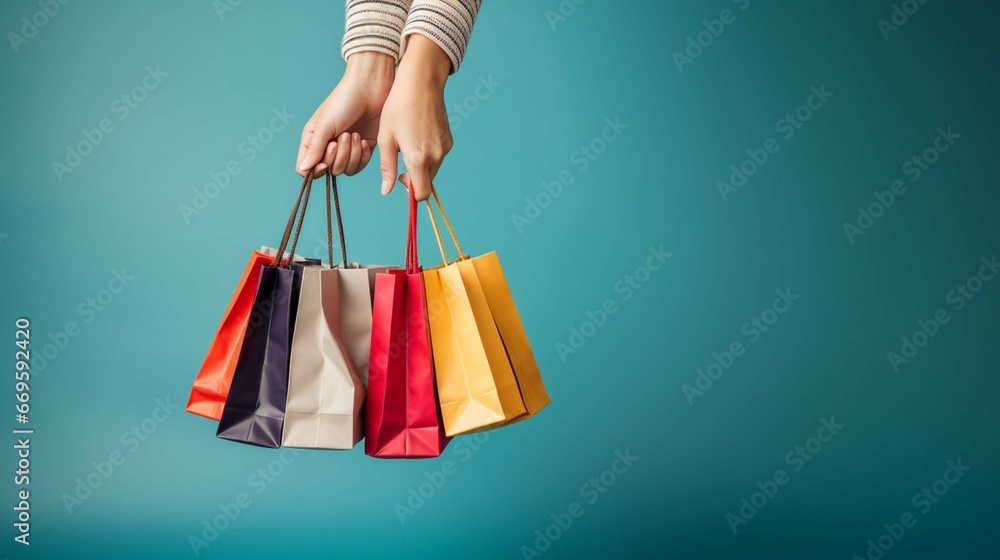 a woman holding shopping bags isolated on a blue background. generative ai