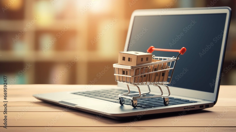 Shopping cart with gift boxes on laptop keyboard. Online shopping concept. generative ai
