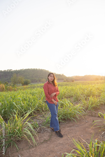 asian Woman agriculturist is on the sugarcane farm