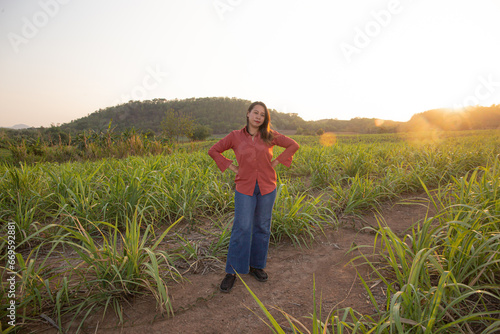 Young woman standing in sugarcane field with sunset in background.