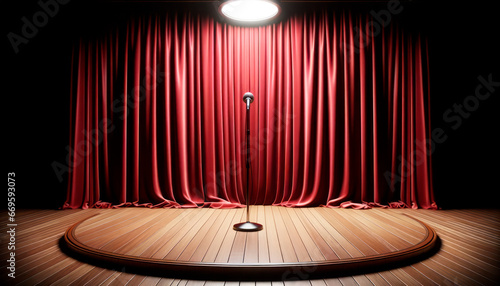 Red stage curtain with spotlight, wooden floor and microphone. Mockup. Generative AI