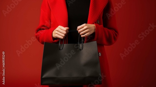 a person holding a bag isolated on a red background. copy space