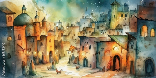 Watercolor painting of a scene from the nativity of Jesus. Generative AI. photo