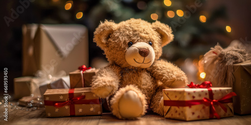 Teddy bear and gift boxes next to the Christmas tree. Generative AI. © Agustin