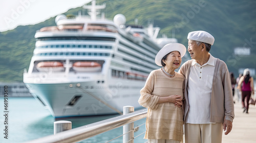 Married couple of Japan pensioners spend time on a tropical cruise on a huge liner, Summer vacation