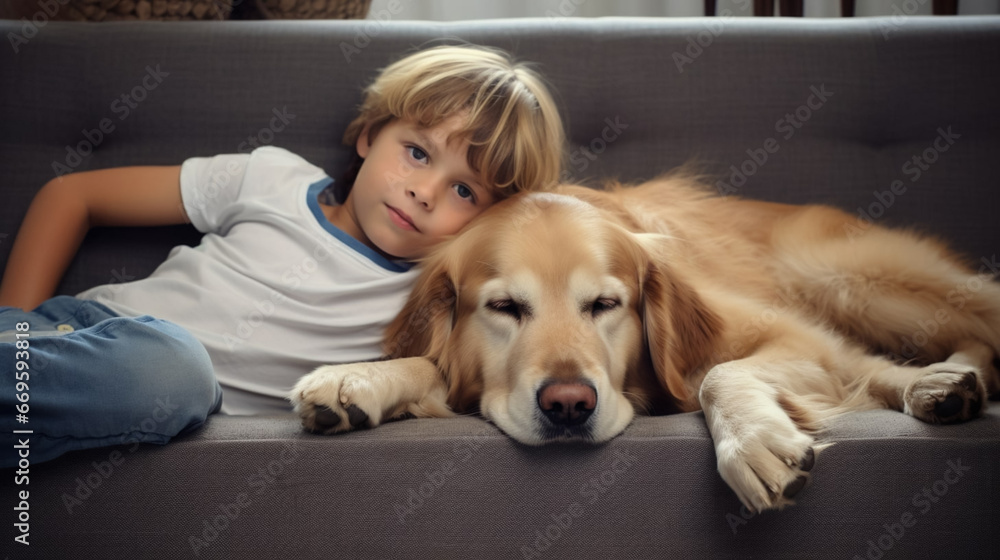 copy space, stockphoto, A boy relaxing on a sofa with a dog, in the living room. Friendship between a dog and a boy. Relax time with a young boy and his dog.