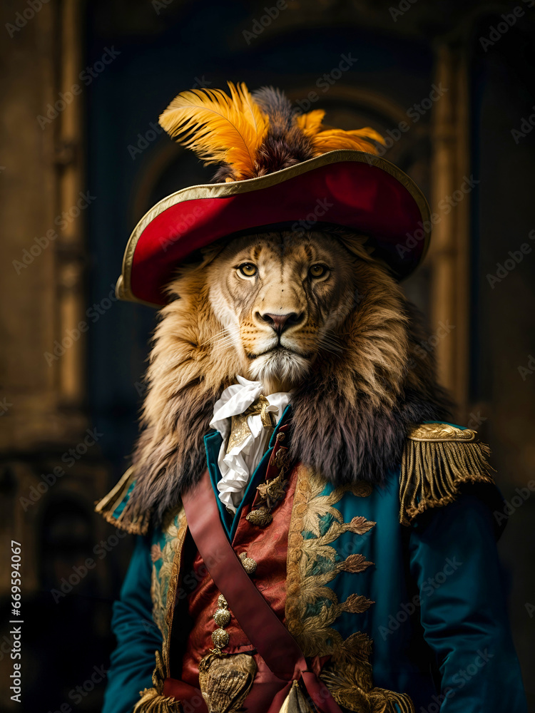 Handsome Lion in a hat with a feather, in a men's medieval costume of the 18th century
