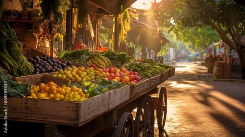 Shopping cart filled with a colorful array of fresh, organic fruit and vegetables in a local market, shop shelves overwhelmed with fresh tropical fruit and vegetables   © Green