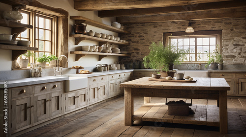 A rustic farmhouse kitchen with exposed wooden beams and a large farmhouse sink.